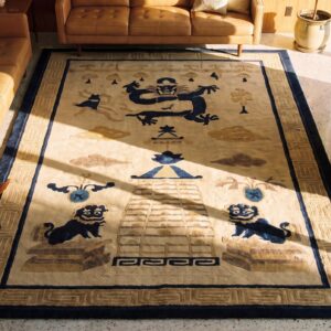Dragon and Foo Dog Chinese Lion Antique Peking Small Scatter Size Wool Blue Ivory Rug (SKU 24523) - styled overhead view