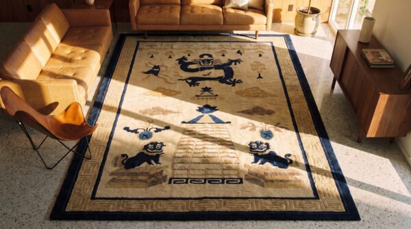 Dragon and foo dog chinese lion antique peking small scatter size wool blue ivory rug 2 Dragon and foo dog chinese lion antique peking small scatter size wool blue ivory rug (sku 24523) - styled overhead view