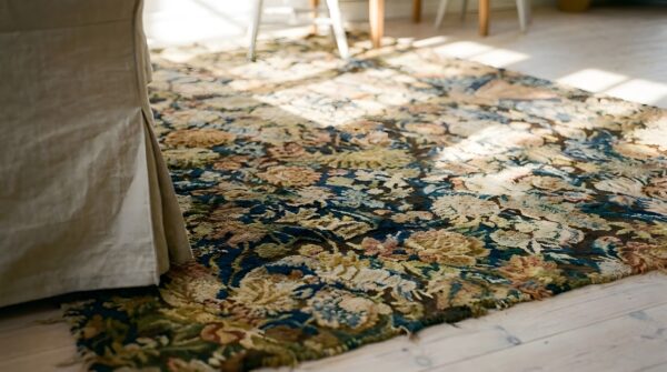 Antique early 18th century floral english needlepoint square rug 11 Antique early 18th century floral english needlepoint square rug (sku 24314) - in-room detail
