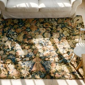 Antique Early 18th Century Floral English Needlepoint Square Rug (SKU 24314) - styled overhead view