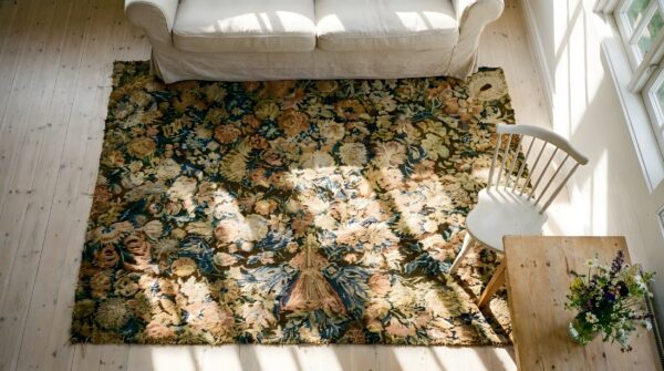 Antique early 18th century floral english needlepoint square rug 2 Antique early 18th century floral english needlepoint square rug (sku 24314) - styled overhead view