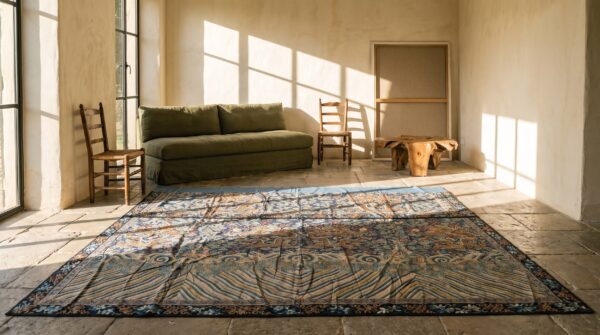Antique early 19th century blue chinese cloud band dragon design silk textile (sku 22340) - room view