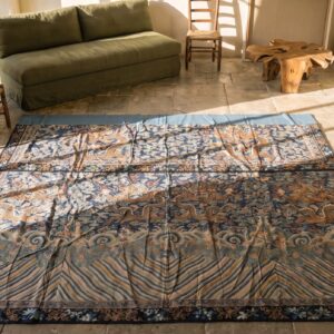Antique Early 19th Century Blue Chinese Cloud Band Dragon Design Silk Textile (SKU 22340) - styled overhead view