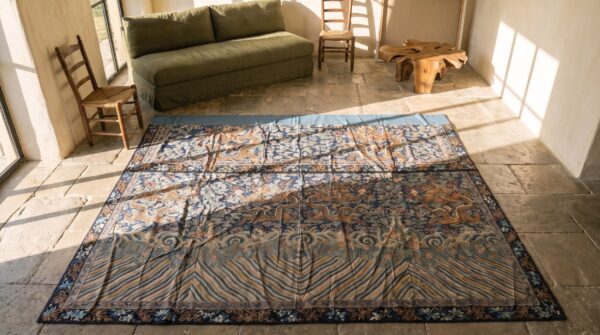 Antique early 19th century blue chinese cloud band dragon design silk textile (sku 22340) - styled overhead view