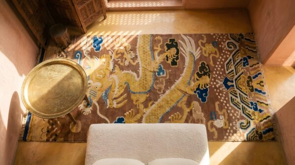 Antique early 19th century chinese dragon cloud band peking pillar hallway runner rug 2 Antique early 19th century chinese dragon cloud band peking pillar hallway runner rug (sku 23492) - styled overhead view