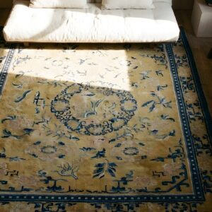 Early 19th Century Floral Antique Yellow Chinese Ningxia Rug (SKU 25828) - styled overhead view