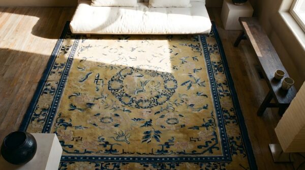 Early 19th century floral antique yellow chinese ningxia rug 2 Early 19th century floral antique yellow chinese ningxia rug (sku 25828) - styled overhead view