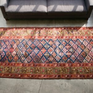 Early 19th Century Antique NW Persian Tribal Shrub Design Hallway Runner (SKU 21410) - styled overhead view