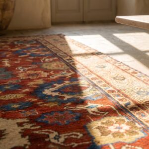 Antique Early 19th Century Red Tribal Caucasian Kuba Kufic Border Hallway Runner Rug (SKU 19288) - in-room detail