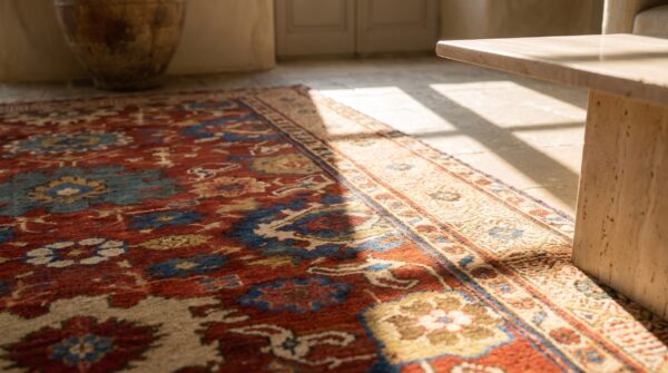 Antique early 19th century red tribal caucasian kuba kufic border hallway runner rug 11 Antique early 19th century red tribal caucasian kuba kufic border hallway runner rug (sku 19288) - in-room detail