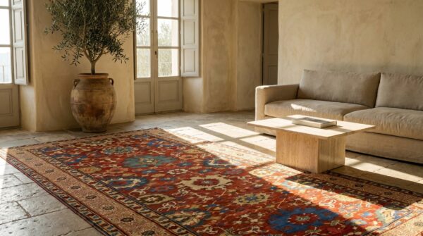 Antique early 19th century red tribal caucasian kuba kufic border hallway runner rug 2 Antique early 19th century red tribal caucasian kuba kufic border hallway runner rug (sku 19288) - styled overhead view