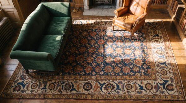 Early 19th century tribal mina khani design antique northwest persian gallery rug 2 Early 19th century tribal mina khani design antique northwest persian gallery rug (sku 18083) - styled overhead view