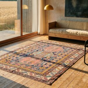 Early 20th Century Antique Blue Tribal Geometric Small Square Caucasian Shirvan Rug (SKU 18011) - room view