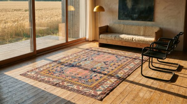 Early 20th century antique blue tribal geometric small square caucasian shirvan rug 8 Early 20th century antique blue tribal geometric small square caucasian shirvan rug (sku 18011) - room view