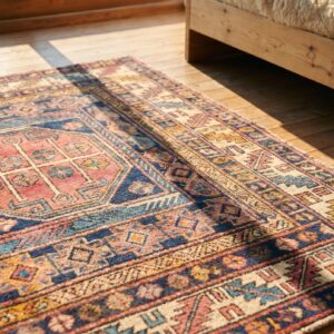 Early 20th Century Antique Blue Tribal Geometric Small Square Caucasian Shirvan Rug (SKU 18011) - in-room detail
