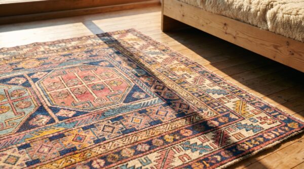 Early 20th century antique blue tribal geometric small square caucasian shirvan rug 9 Early 20th century antique blue tribal geometric small square caucasian shirvan rug (sku 18011) - in-room detail