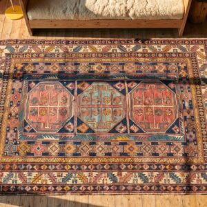 Early 20th Century Antique Blue Tribal Geometric Small Square Caucasian Shirvan Rug (SKU 18011) - styled overhead view