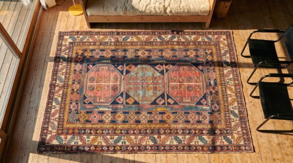 Early 20th century antique blue tribal geometric small square caucasian shirvan rug 2 Early 20th century antique blue tribal geometric small square caucasian shirvan rug (sku 18011) - styled overhead view