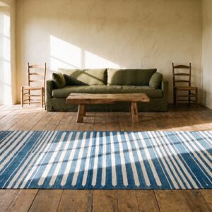 Early 20th Century Blue White Stripes Antique Indian Cotton Dhurrie Flatweave Rug (SKU 21064) - room view