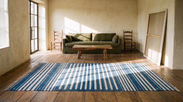 Early 20th century blue white stripes antique indian cotton dhurrie flatweave rug 7 Early 20th century blue white stripes antique indian cotton dhurrie flatweave rug (sku 21064) - room view