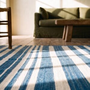 Early 20th Century Blue White Stripes Antique Indian Cotton Dhurrie Flatweave Rug (SKU 21064) - in-room detail