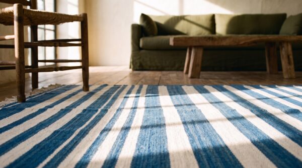 Early 20th century blue white stripes antique indian cotton dhurrie flatweave rug 8 Early 20th century blue white stripes antique indian cotton dhurrie flatweave rug (sku 21064) - in-room detail