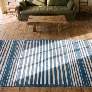 Early 20th Century Blue White Stripes Antique Indian Cotton Dhurrie Flatweave Rug (SKU 21064) - styled overhead view