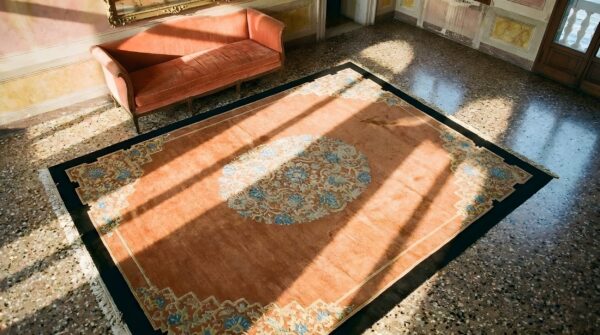 Early 20th century chinese peking carpet 9'×11'8" hand-knotted wool 2 Early 20th century chinese peking carpet 9'×11'8" hand-knotted wool (sku 25678) - styled overhead view