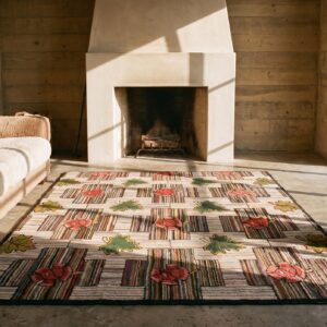 Early 20th Century Antique Floral American Folk Art Basket Weave Design Hooked Rug (SKU 20188) - room view