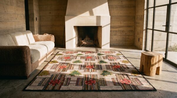 Early 20th century antique floral american folk art basket weave design hooked rug 8 Early 20th century antique floral american folk art basket weave design hooked rug (sku 20188) - room view