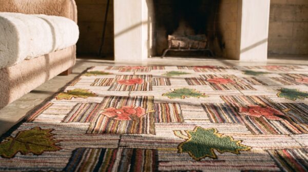 Early 20th century antique floral american folk art basket weave design hooked rug 9 Early 20th century antique floral american folk art basket weave design hooked rug (sku 20188) - in-room detail