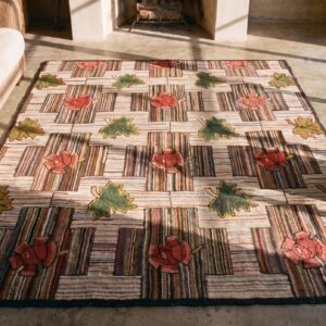 Early 20th Century Antique Floral American Folk Art Basket Weave Design Hooked Rug (SKU 20188) - styled overhead view