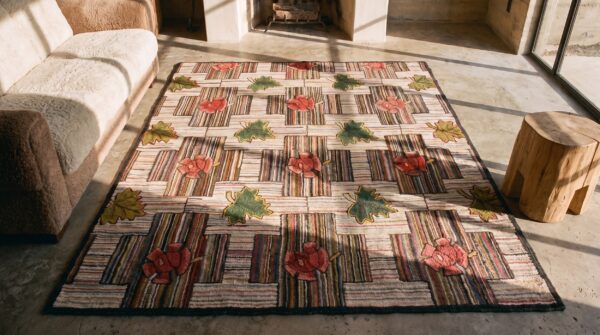 Early 20th century antique floral american folk art basket weave design hooked rug 2 Early 20th century antique floral american folk art basket weave design hooked rug (sku 20188) - styled overhead view