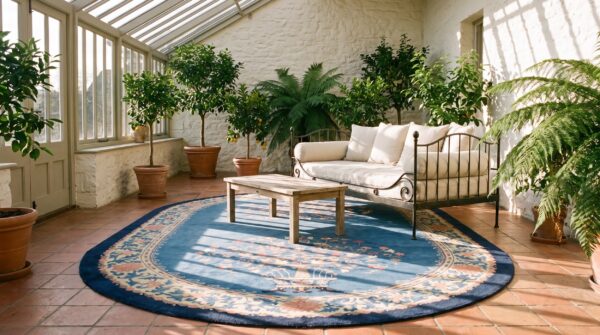 Antique early 20th century light blue chinese peking oval rug 7 Antique early 20th century light blue chinese peking oval rug (sku 23275) - room view