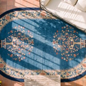 Antique Early 20th Century Light Blue Chinese Peking Oval Rug (SKU 23275) - styled overhead view