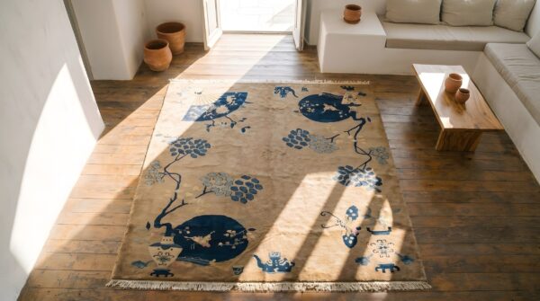 Early 20th century light color open field chinese art deco room size rug 2 Early 20th century light color open field chinese art deco room size rug (sku 22170) - styled overhead view