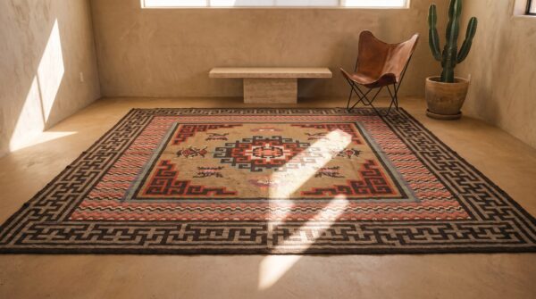 Antique early 20th century square mongolian animal design carpet 7 Antique early 20th century square mongolian animal design carpet (sku 23088) - room view