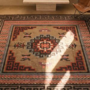 Antique Early 20th Century Square Mongolian Animal Design Carpet (SKU 23088) - styled overhead view