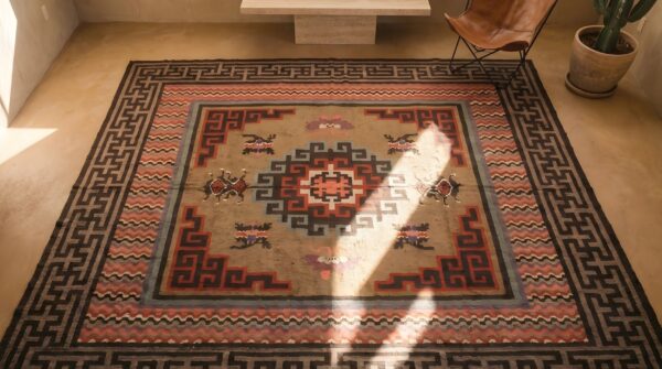 Antique early 20th century square mongolian animal design carpet 2 Antique early 20th century square mongolian animal design carpet (sku 23088) - styled overhead view