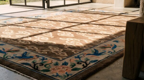 Earth tone allover cloud band antique chinese bird of paradise design peking rug 11 Earth tone allover cloud band antique chinese bird of paradise design peking rug (sku 23133) - in-room detail