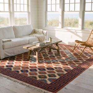 Earth Tone Color Tribal Geometric Design Antique Cotton Dhurrie Kilim Rug (SKU 24151) - room view