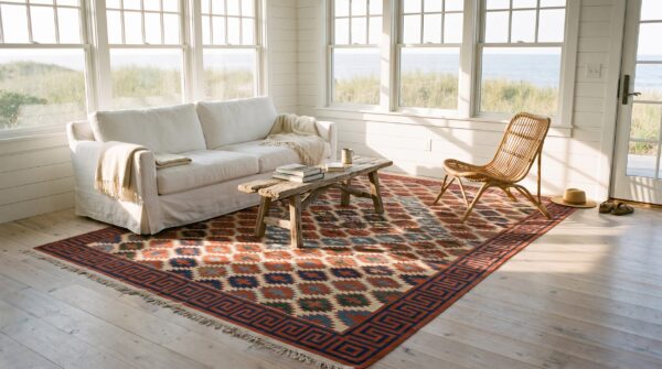 Earth tone color tribal geometric design antique cotton dhurrie kilim rug 7 Earth tone color tribal geometric design antique cotton dhurrie kilim rug (sku 24151) - room view