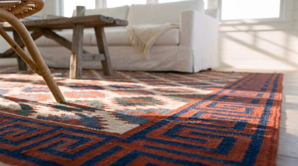 Earth tone color tribal geometric design antique cotton dhurrie kilim rug 8 Earth tone color tribal geometric design antique cotton dhurrie kilim rug (sku 24151) - in-room detail