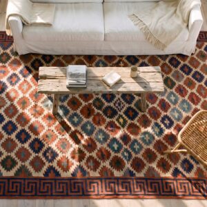 Earth Tone Color Tribal Geometric Design Antique Cotton Dhurrie Kilim Rug (SKU 24151) - styled overhead view
