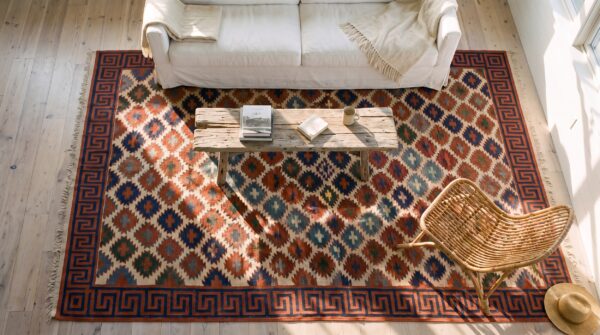 Earth tone color tribal geometric design antique cotton dhurrie kilim rug 2 Earth tone color tribal geometric design antique cotton dhurrie kilim rug (sku 24151) - styled overhead view