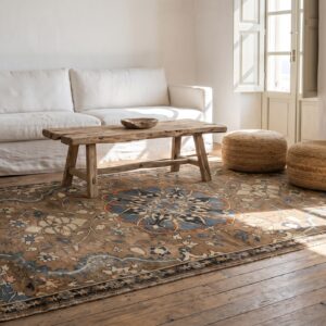 Earth Tone and Light Blue Fine Antique Persian Tabriz Small Scatter Size Rug (SKU 20241) - room view