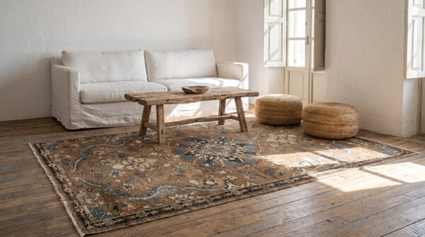 Earth tone and light blue fine antique persian tabriz small scatter size rug 6 Earth tone and light blue fine antique persian tabriz small scatter size rug (sku 20241) - room view