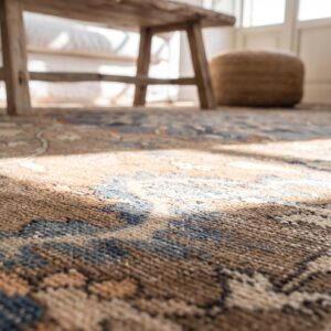 Earth Tone and Light Blue Fine Antique Persian Tabriz Small Scatter Size Rug (SKU 20241) - in-room detail