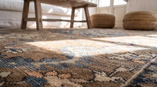 Earth tone and light blue fine antique persian tabriz small scatter size rug 7 Earth tone and light blue fine antique persian tabriz small scatter size rug (sku 20241) - in-room detail