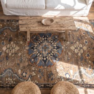Earth Tone and Light Blue Fine Antique Persian Tabriz Small Scatter Size Rug (SKU 20241) - styled overhead view